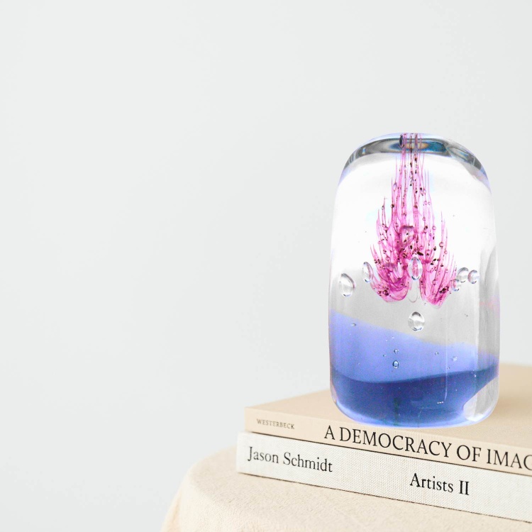 Handblown Zibo Art Glass Paperweight Cylinder Lilac Top Pink Flower