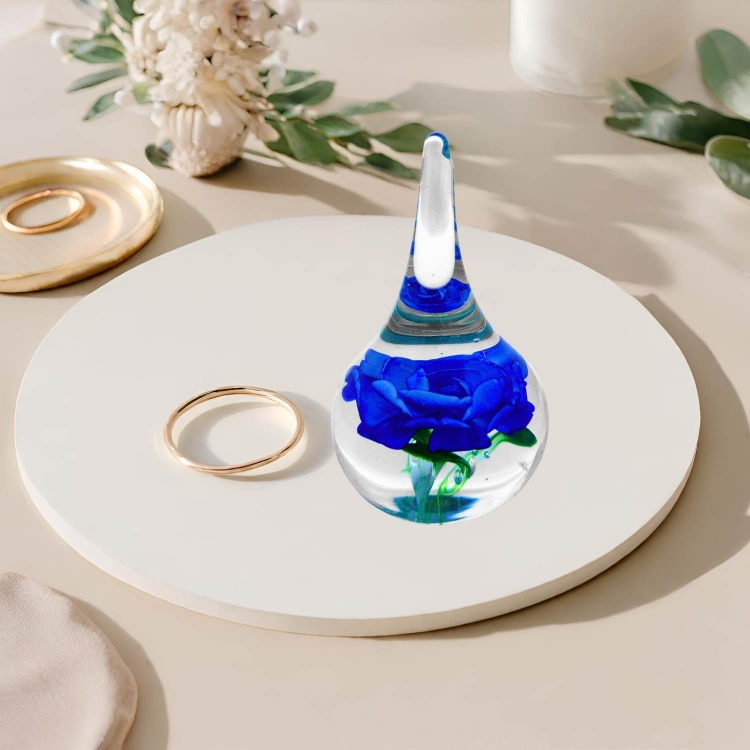 Handblown Zibo Glass Ring Holder - Blue Rose