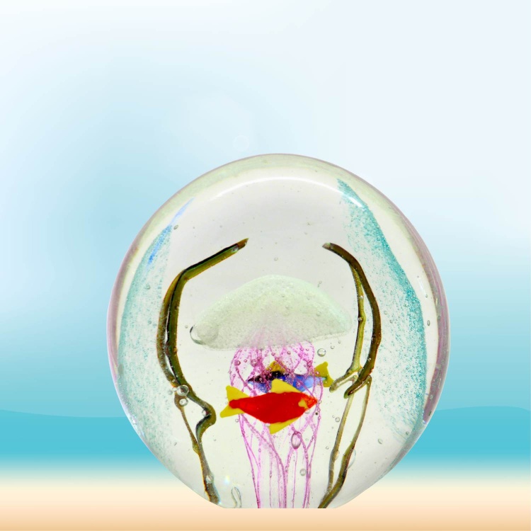 Zibo Handblown Art Glass - Fan Shape Jellyfish and Fish Pattern