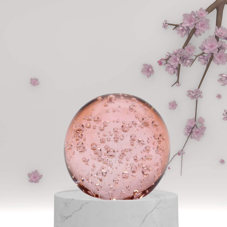 Handblown Zibo Glass Paperweight - Pink Ball with Bubbles