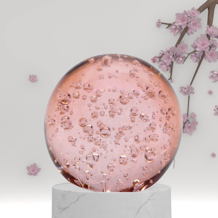 Handblown Zibo Glass Paperweight - Pink Ball with Bubbles