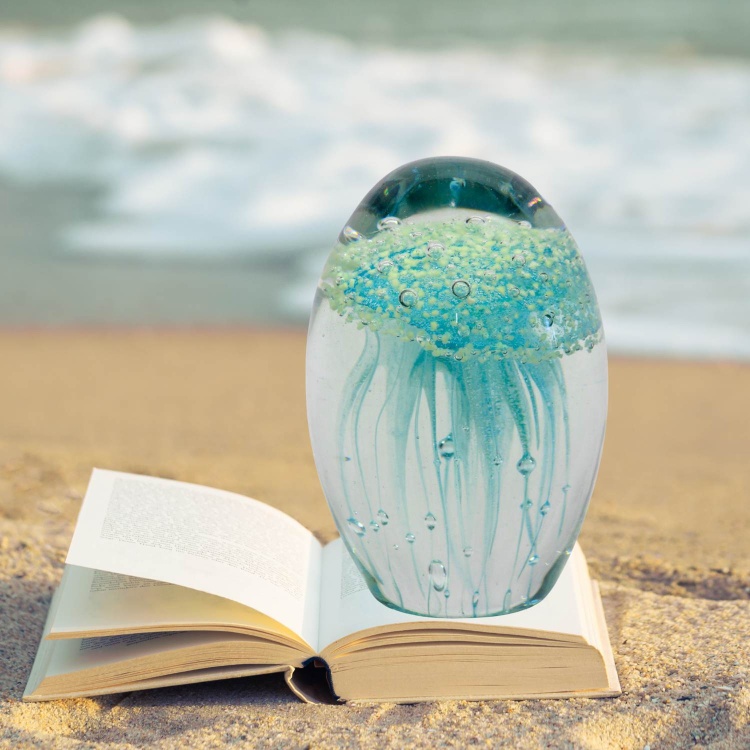 Handblown Zibo Art Glass Paperweight - Blue Jellyfish (Glow in Dark)