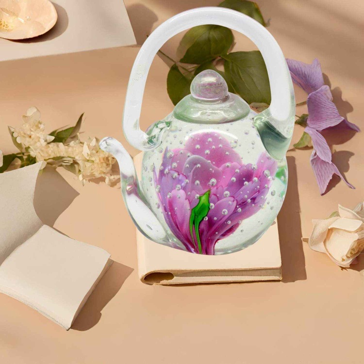 Handblown Glass Teapot Roses Pink - Ring Holder - Gift Box