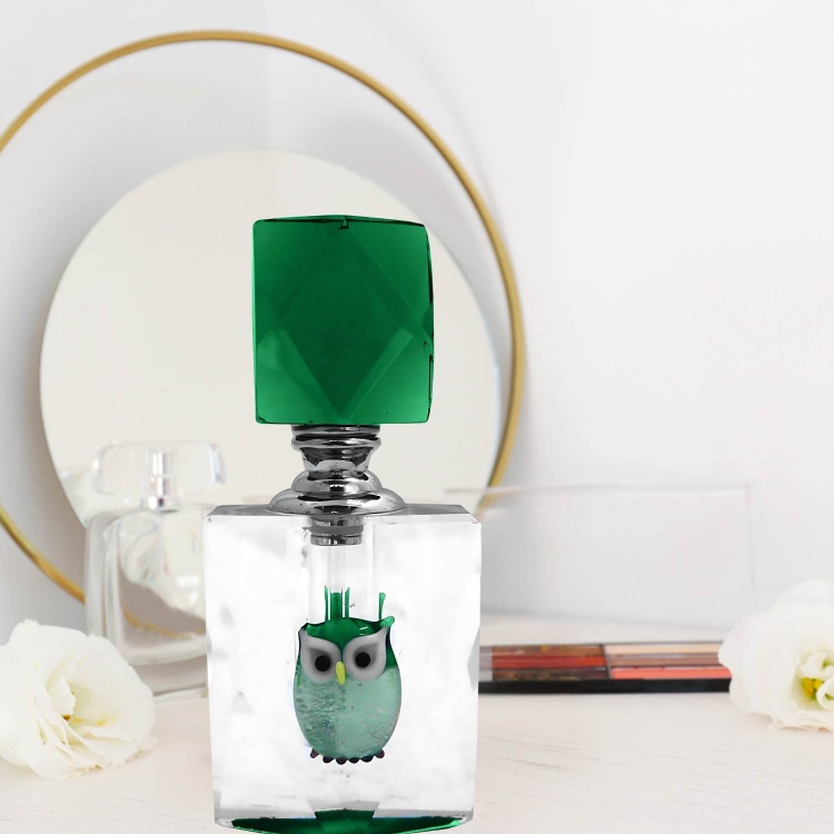 Cut Glass Perfume Bottle with Handblown Green Owl