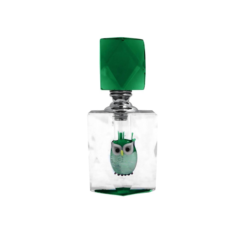 Cut Glass Perfume Bottle with Handblown Green Owl