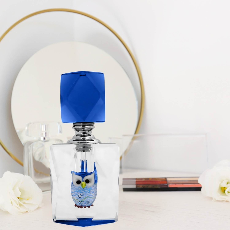 Cut Glass Perfume Bottle with Handblown Blue Owl