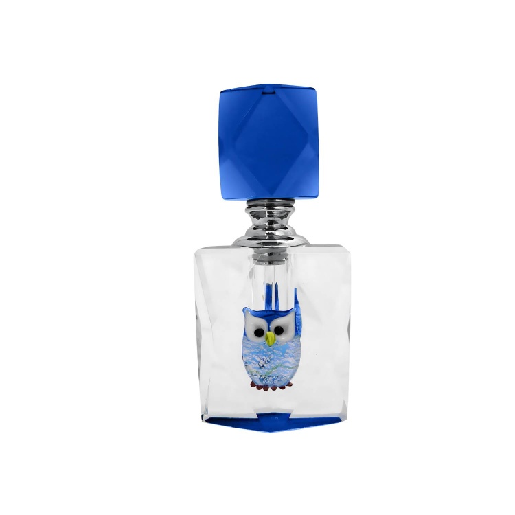 Cut Glass Perfume Bottle with Handblown Blue Owl