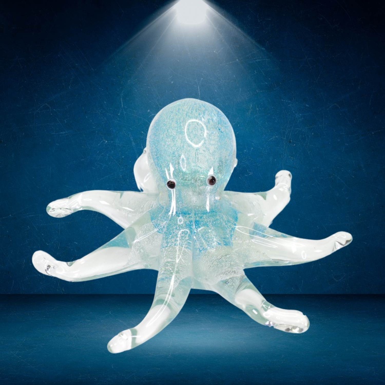 Zibo Handblown Art Glass Glow in Dark Blue Octopus - Gift Box