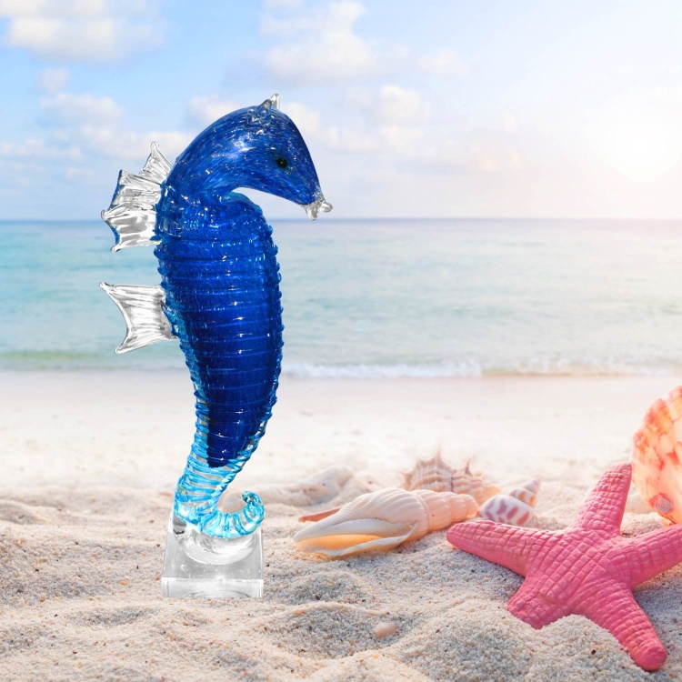 Zibo Handblown Art Glass - Huge Blue Seahorse on Stand