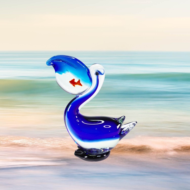 Zibo Handblown Art Glass - Pelican with Orange Fish in its beak