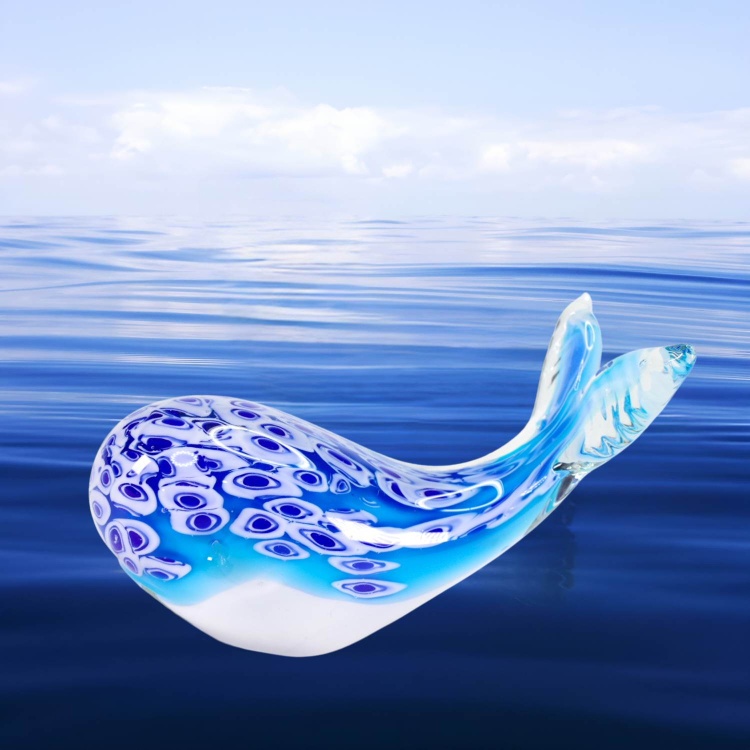 Zibo Handblown Art Glass - sky blue with blue and white Millefiori-style pattern Whale