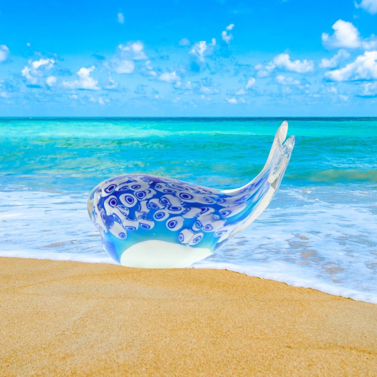 Zibo Handblown Art Glass - sky blue with blue and white Millefiori-style pattern Whale