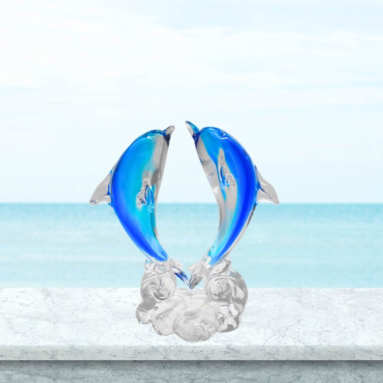 Handblown Zibo Art Glass Twin Dolphins - Blue