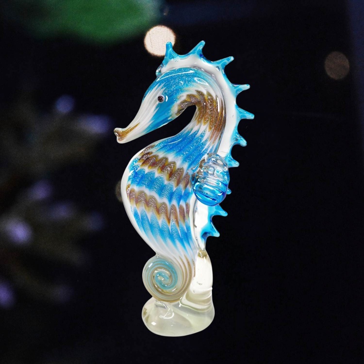 Zibo Handblown Art Glass - Blue and Brown Seahorse