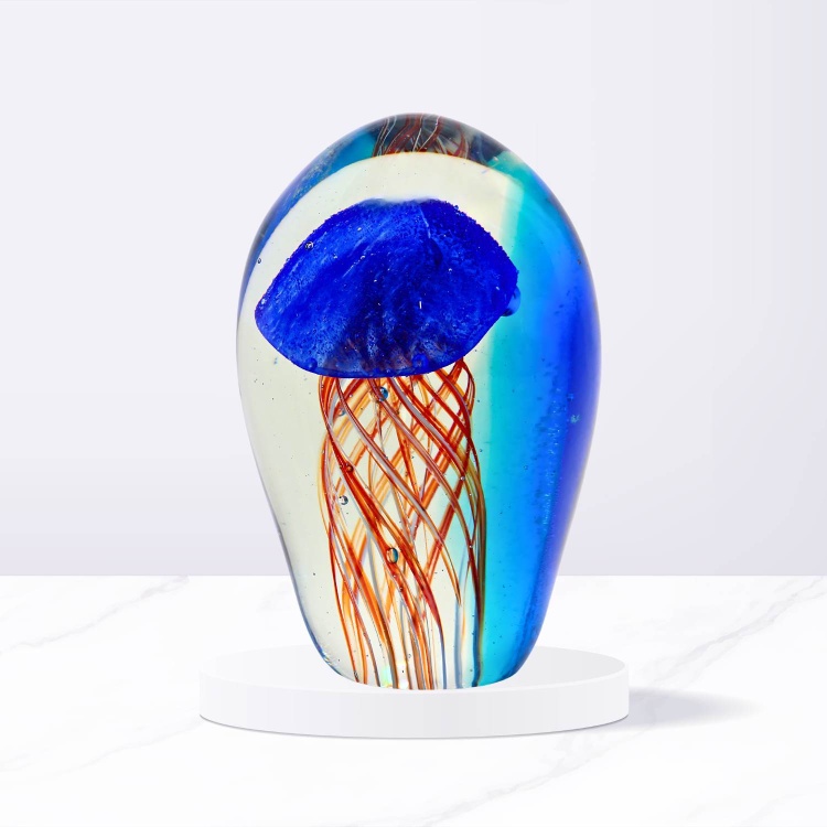 Zibo Handblown Art Glass - Floating Blue Jellyfish Paperweight