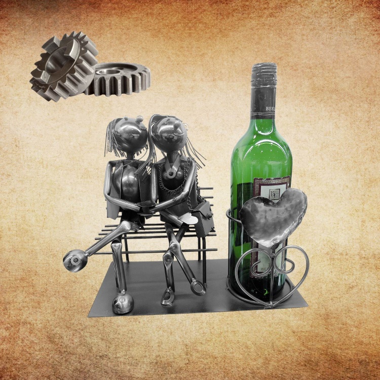 Handmade Nuts and Bolts Couple on bench with Heart Wine Bottle Holder