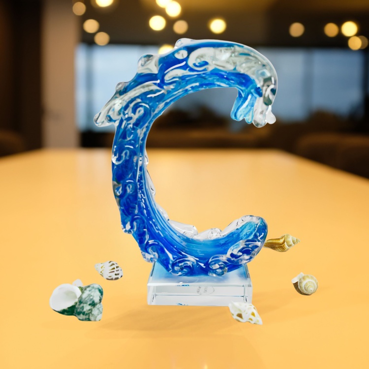 Zibo Handblown Art Glass - Blue Wave on Stand