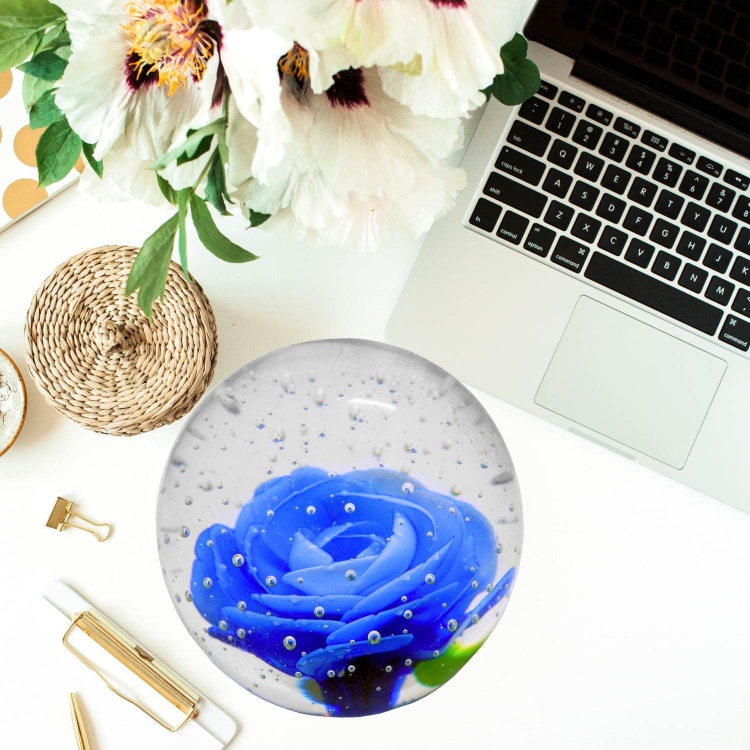 Handblown Glass Paperweight - Blue Snowing Rose