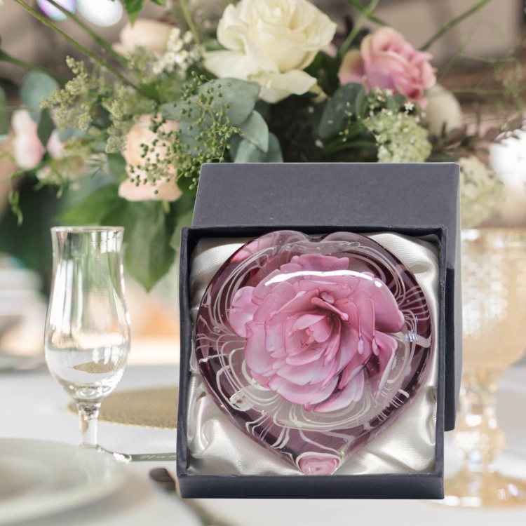 Handblown Zibo Art Glass Heart Shape  - Pink Flower Paperweight, Gift Box