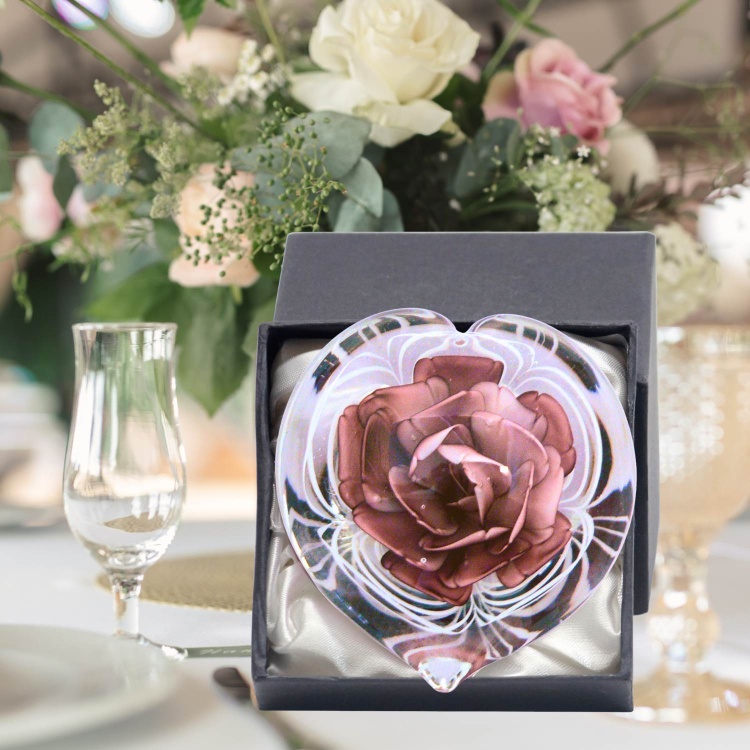 Handblown Zibo Art Glass Heart Shape - Lilac Rose Paperweight, Gift Box