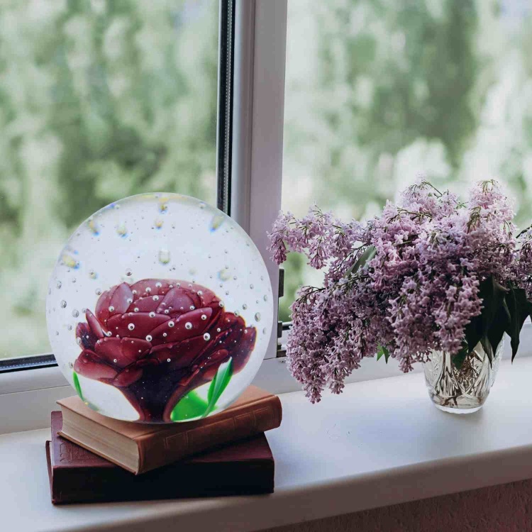 Handblown Zibo Art Glass Paperweight Snowing Rose Purple