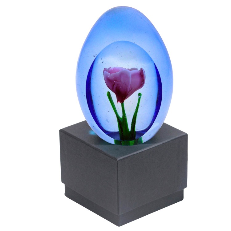 Handblown Zibo Art Glass Paperweight Red Rose in Blue Egg