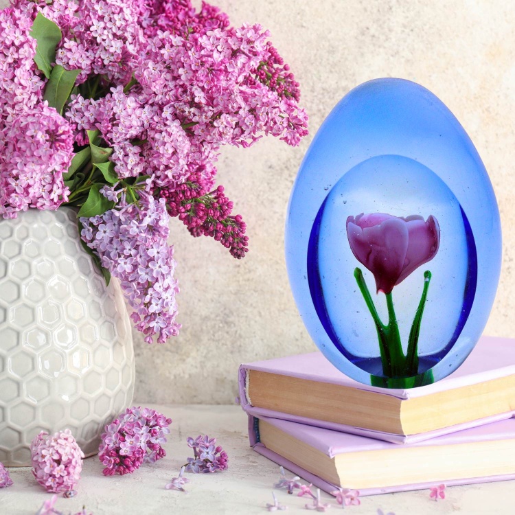 Handblown Zibo Art Glass Paperweight Red Rose in Blue Egg